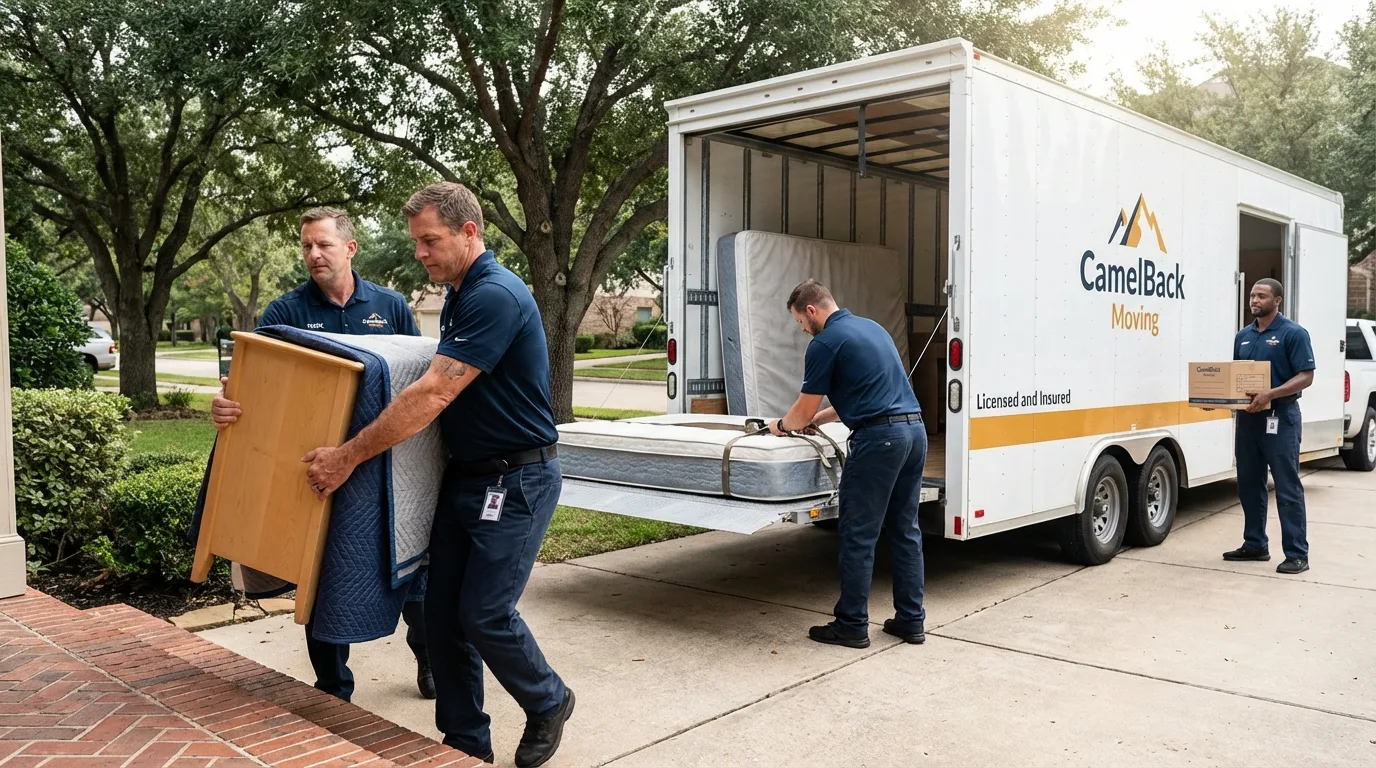 Crew loading residential truck for cross-state move from Merlin, OR