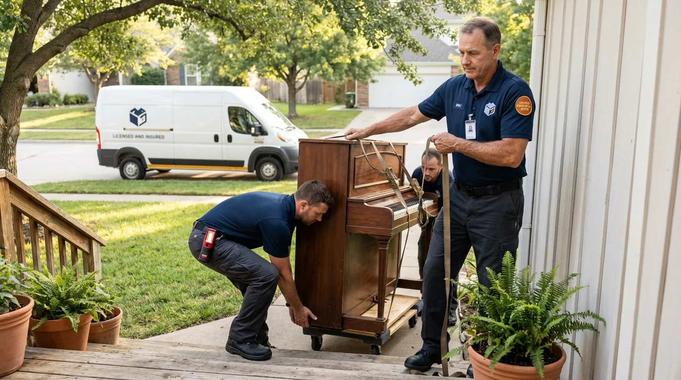 Licensed piano movers securing grand piano in Merlin, OR