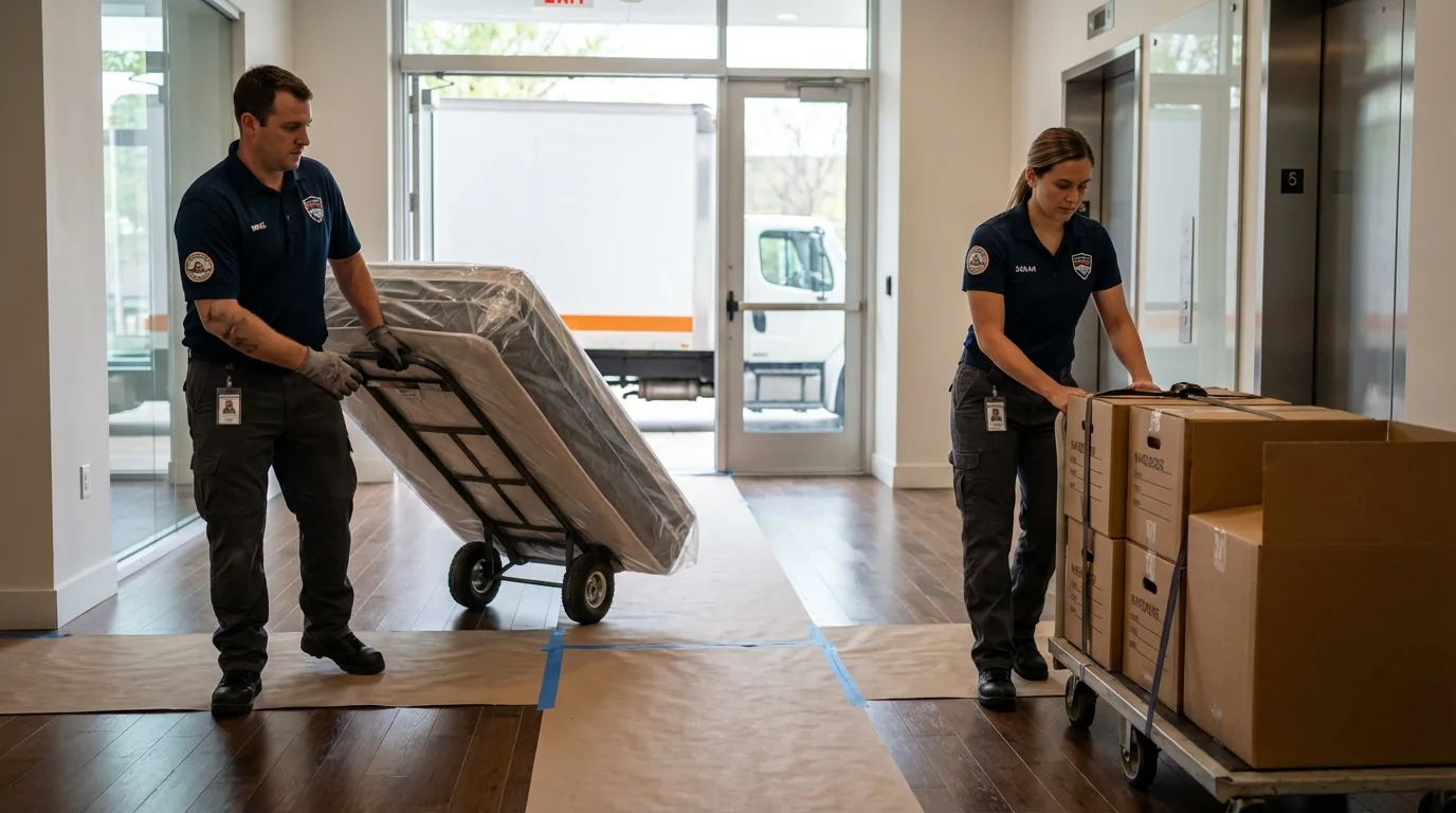 Professional apartment movers loading elevator in Merlin, OR