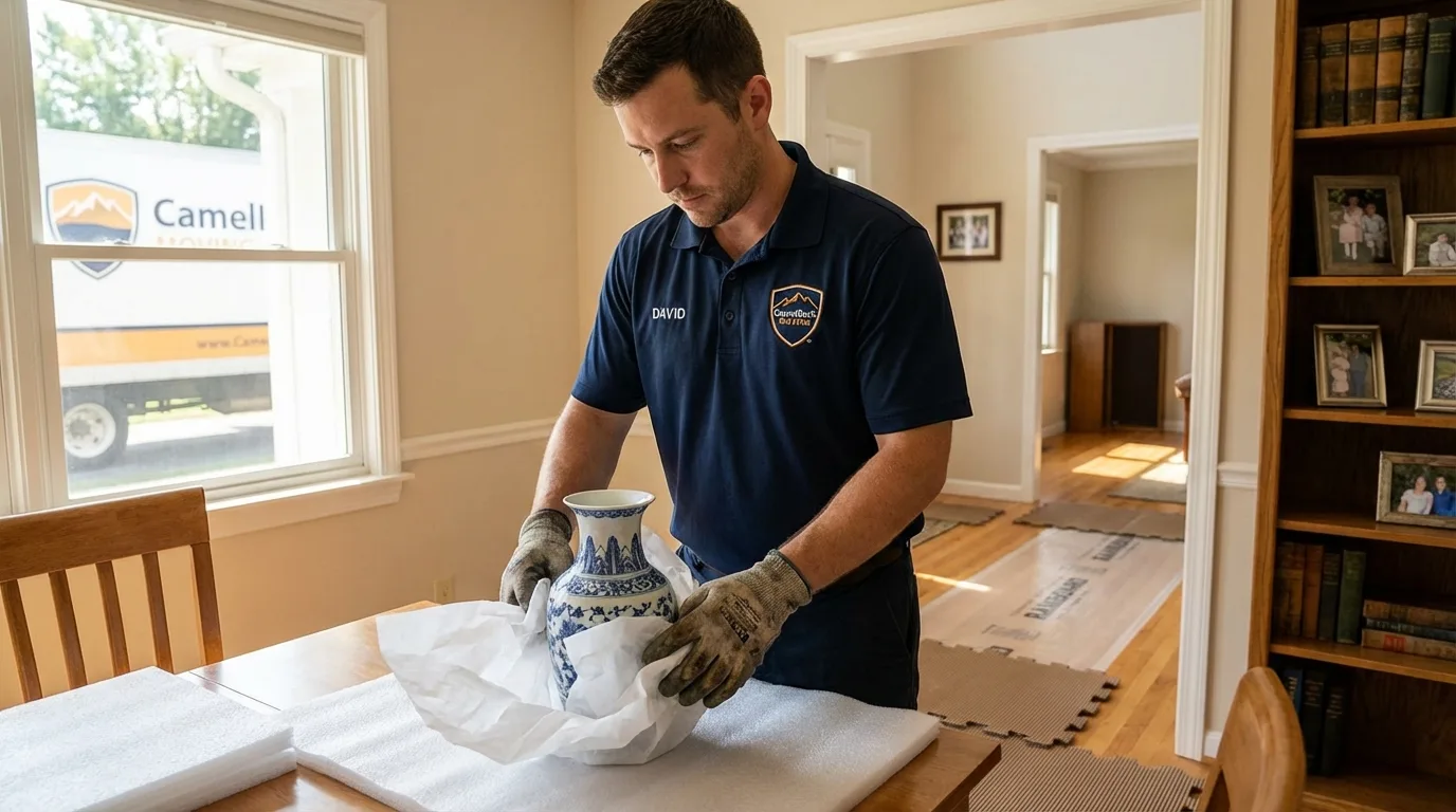 Professional crew carefully wrapping antique vase for senior downsizing move in Merlin, OR